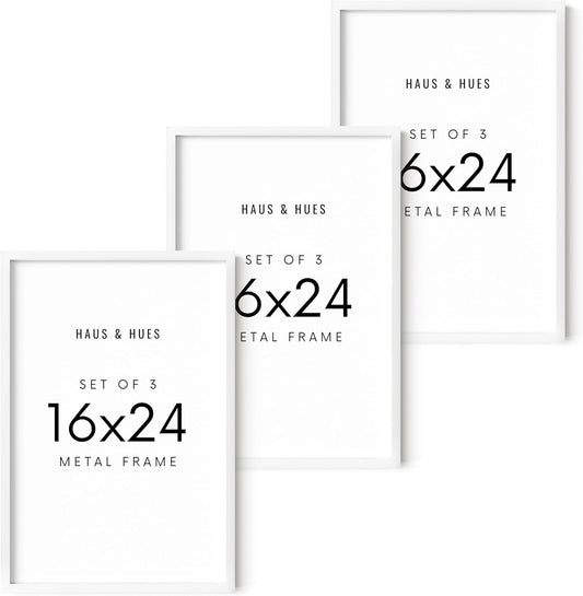 HAUS AND HUES 16x24 White Metal Picture Frames - Features Premium Aluminum, Vertical & Horizontal Hang, Shatterproof Plexiglass - Perfect for Home, Room, Office (16x24 in, White, Set of 3)