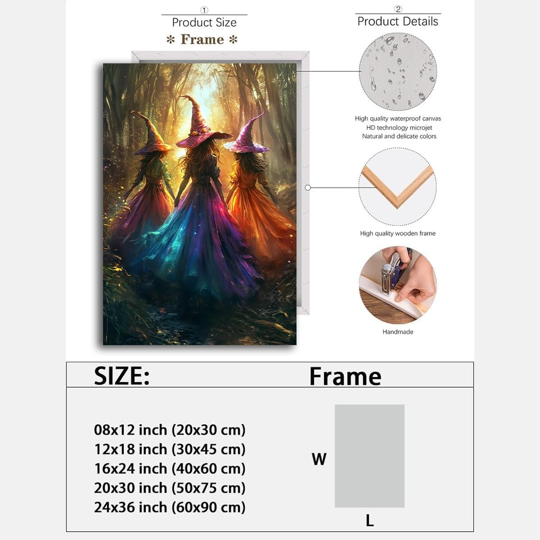 Halloween Room Decor Wall Art Colorful Witch Prints,Vintage Three Colorful Witches in Forest Halloween Posters,Fall Fantasy Aesthetic Pictures Playful Art Wall Decor for Bedroom,8"x12" Framed