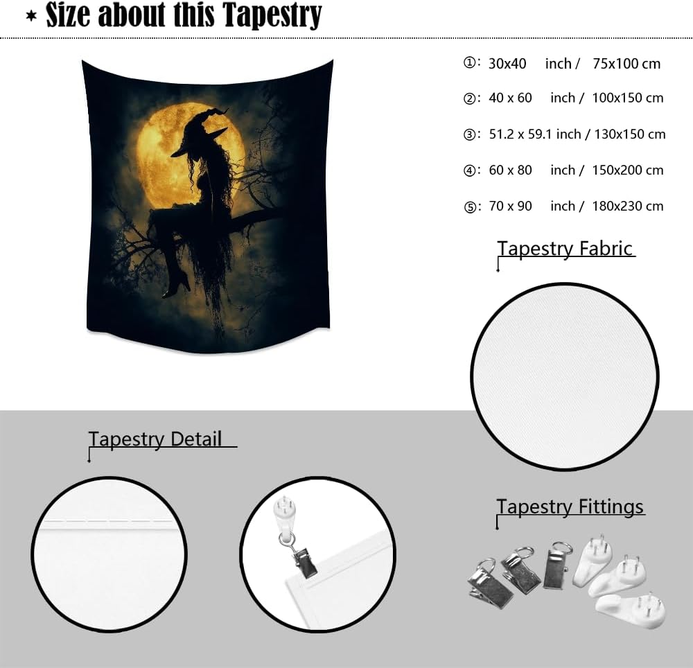 Halloween Witch Tapestry Wall Art Witchcore Moon Aesthetic Print Dark Academia Gothic Tapestries Wall Hanging Horror Ghost Halloween Party Decor for Home Living Room Bedroom 60x80inch