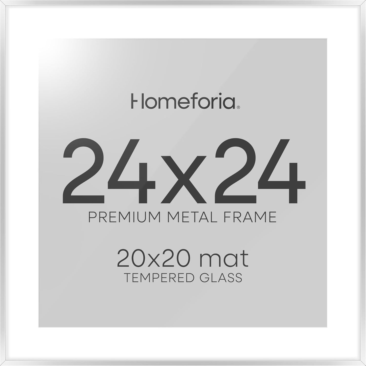 Homeforia 24x24 Silver Picture Frame, High End Metal 24 x 24 Large Square Silver Frames with Mat 20 by 20 inch Photo, 24by24 Thin Poster Frame Matted to 20x20 Print, Tempered Glass, Wall Kit, Set of 1