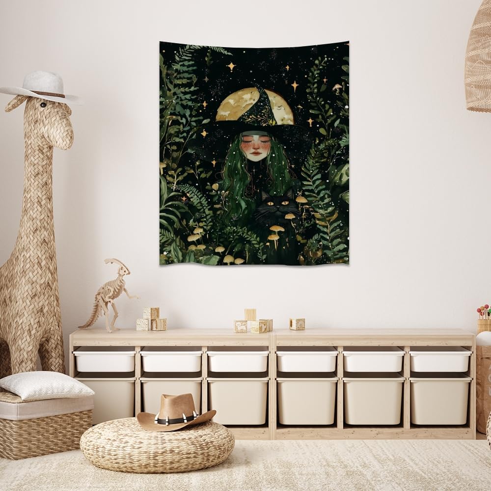 Moon Witch Tapestry Wall Hanging Mystical Botanical Green Print Dark Forest Witchy Decor Gothic Magical Black Cat and Moon Tapestries for Bedroom Living Room Dorm Decoration Aesthetic 70x90inch