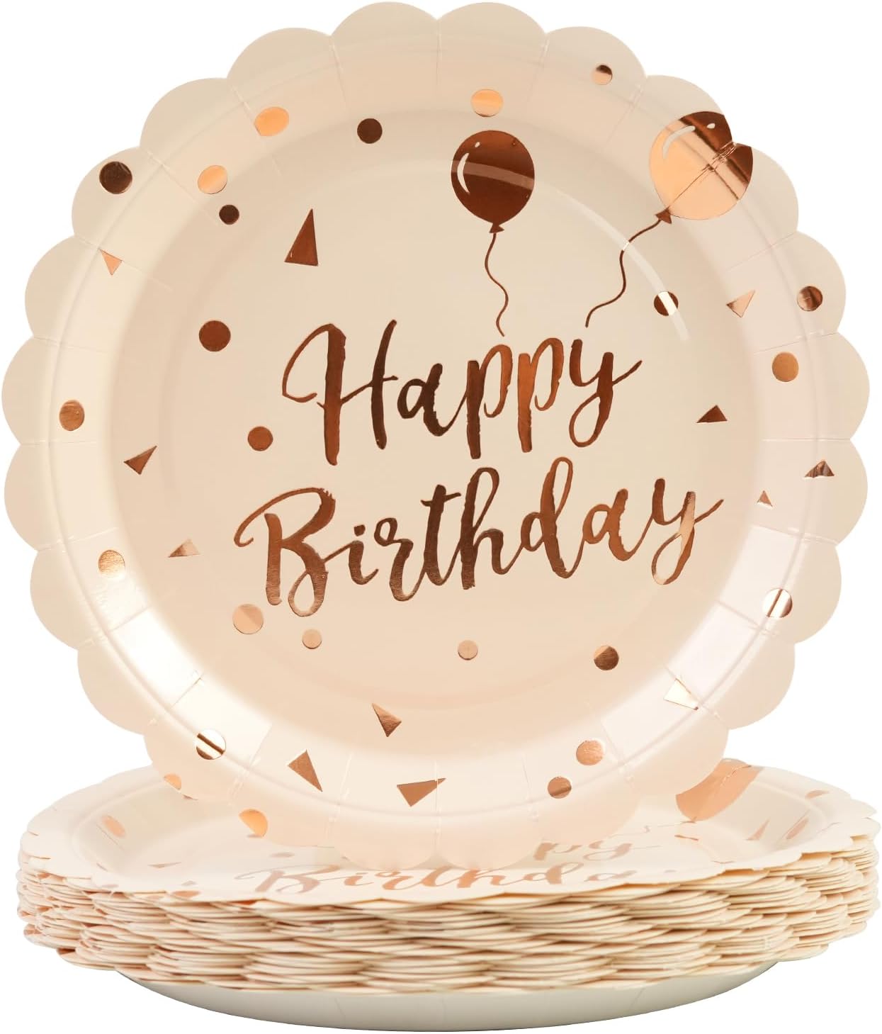 50PCS Pink Rose Birthday Paper Plates - 7 Inch Happy Birthday Cake Plates Scalloped Pink Dessert Plate Disposable Party Tableware Set for Girls Women Birthday's Party Supplies Decorations