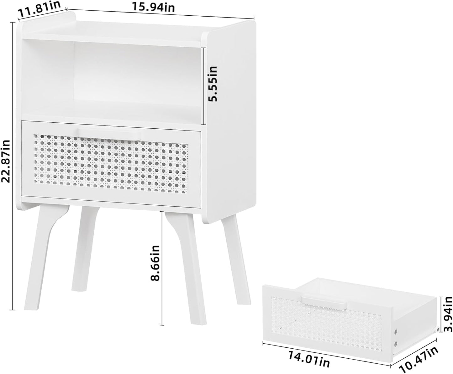 Lerliuo Rattan Nightstands Set of 2, Side Table with Drawer Open Shelf, Cane Accent Bedside End Table with Solid Wood Legs, Mid Century Modern Night Stand for Bedroom, Dorm and Small Spaces (White)