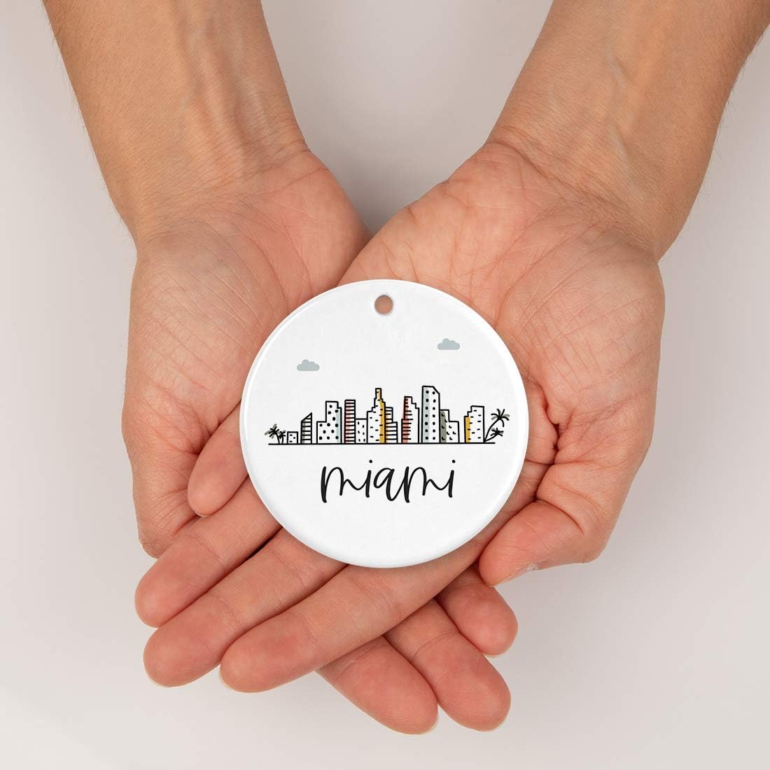 Andaz Press Round Ceramic Porcelain Christmas Tree Keepsake Gift, Colorful City Skyline Miami Ornament, 1-Pack, Birthday Ideas Family Coworker, Includes Box
