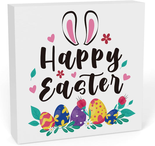 Rustic Farmhouse Bunny Easter Decorations Country Home Office Desk Decor Happy Easter Sign Cubicle Shelf Tabletop Tiered Tray Decor Gifts for Women 5 X 5 Inch