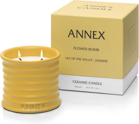 Scented Luxury Candles in Handmade Ceramic Jars, Soy Wax | Flower Bomb – Lily of The Valley & Jasmine, Large Candle | Non Toxic, 2 Wicks, Reusable Yellow Jar | Natural Spring Aromatherapy for Women