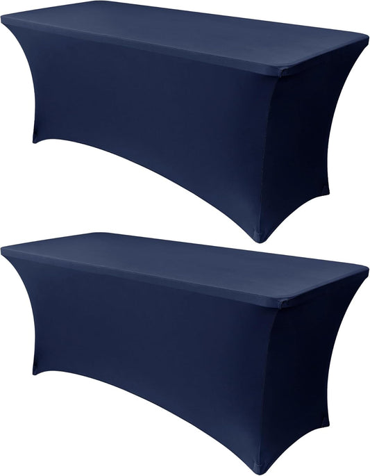 Obstal 6ft Stretch Spandex Table Cover for Standard Folding Tables - 2 Pack Universal Rectangular Fitted Tablecloth Protector for Wedding, Banquet and Party, 72L x 30W x 30H Inches, Navy Blue, 2pc