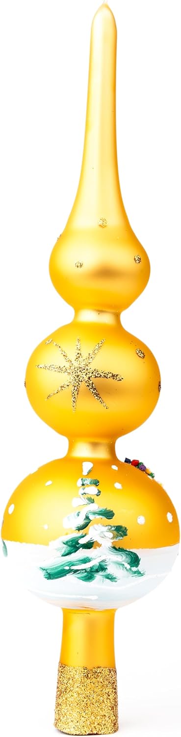 Christmas Tree Topper Spitz Glass Mouth Blown Hand-Decorated Embellishments (Gold, 12 inch)