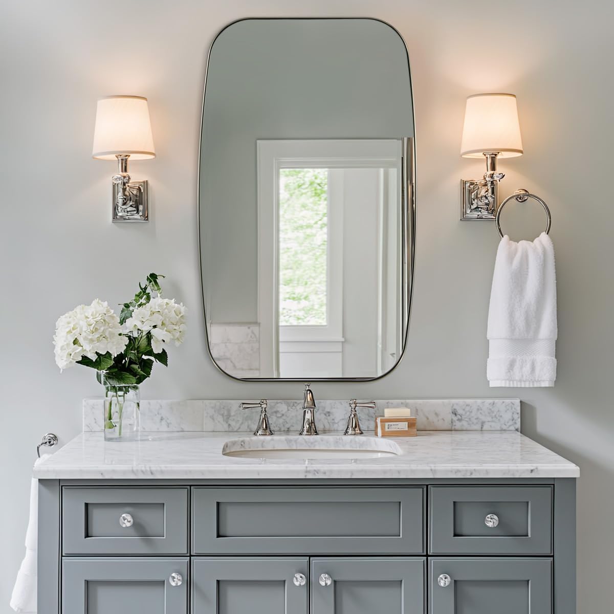 ANDY STAR Brushed Nickel Oblong Mirror, 32x40 Inch Brushed Nickel Oval Mirror for Bathroom with Stainless Steel Metal Frame, Wall Mouned for Bathroom, Living Room, Entryway