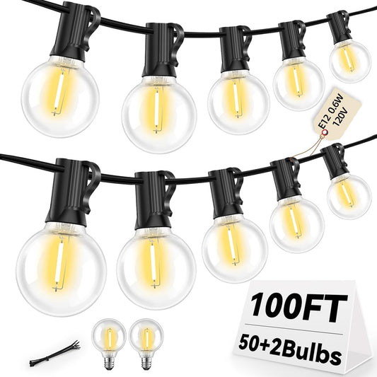 100FT G40 LED Outdoor String Lights with 50 Shatterproof Bulbs + 2 Spares, E12 Socket, 2700K Warm White, Weatherproof Black Cable, for Patio, Backyard, Wedding, Party, Porch, Deck, Gazebo, Camping