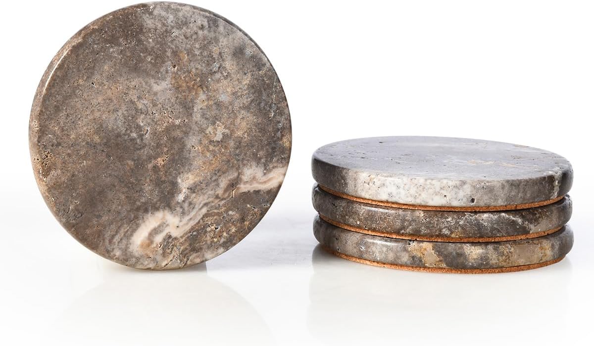 Marble Coasters Set of 4, Natural Gray Stone 4 Inch/10 cm, Modern Round Travertine Drink Coasters for Home Decor, Coffee Table, Office