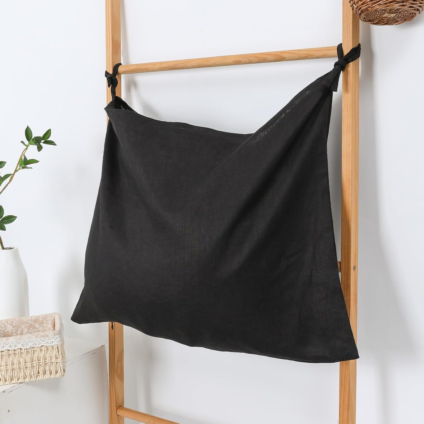 Hanging Linen Laundry Bag, 100% Pure Flax Linen Over The Door Hamper with Bottom Zipper for Laundry Room, Household Dirty Cloth Storage Organizer Bag, Black