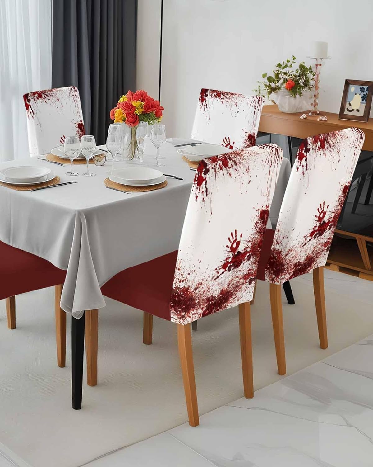 4 Pcs Dining Chair Covers Stretch Spandex Slipcovers Halloween Horror Bloody Handprint Removable Washable Dining Room Seat Cover Cushion Protector for Home Hotel Banquet Decor Red Blood White