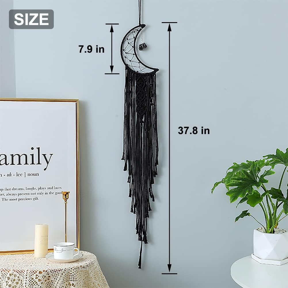 MOONFLY Black Moon Dream Catcher with Handmade Crystal Stone Design Woven Cotton Dream Catchers Boho Macrame Wall Hanging Home Decoration Ornament Craft Gift (Black Crystal Stone Moon)