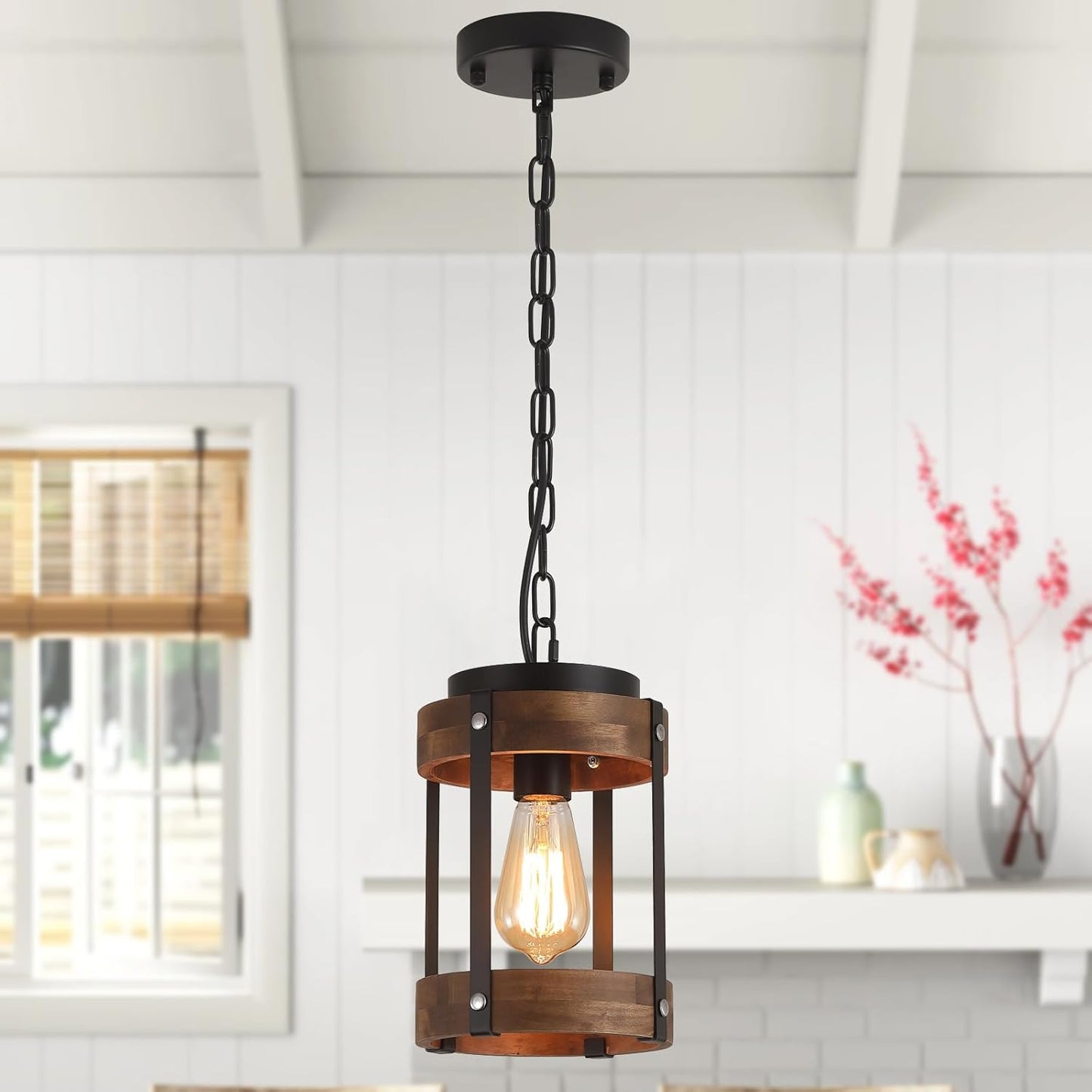 Rustic Farmhouse Wood Pendant Light Fixture One-Light Adjustable Chain Oak Wood and Metal Lantern Drum Small Pendant Lighting for Kitchen Island Sink Hallway Farmhouse Bathroom Bar, Black