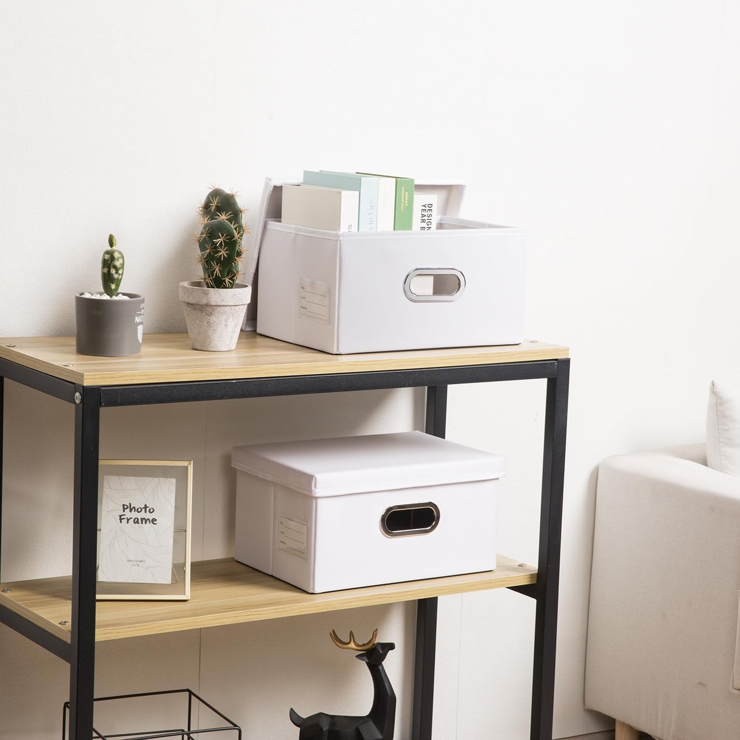 PRANDOM Collapsible Storage Box with Lid [3-Pack] Leather Fabric Foldable Storage Bin Organizer Container Basket Cube with Cover for Home Bedroom Closet Office Nursery White(13.6x9.6x6.9)