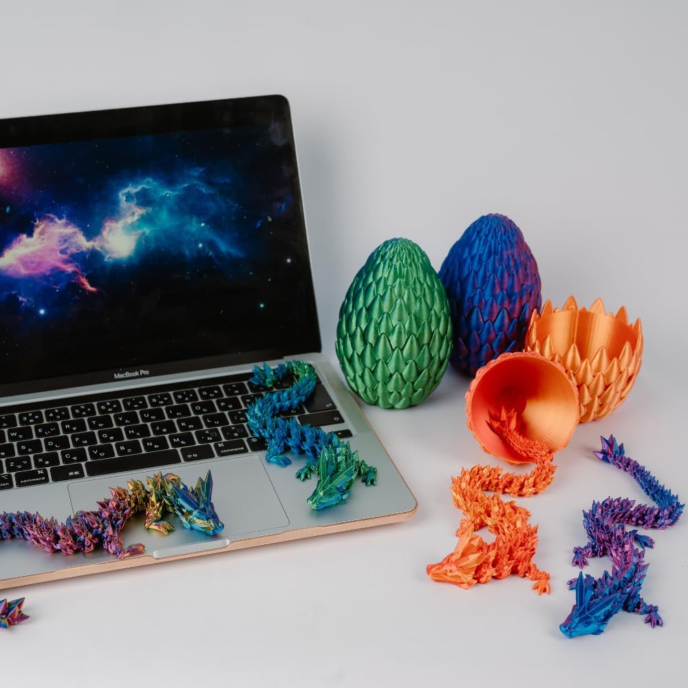 3D Printed 12” Articulated Crystal Dragon Inside 5.1” Egg – Fantasy Collectible, Fidget Toy & Stocking Easter Basket Stuffers for Home & Office Decor (Laser Purple)