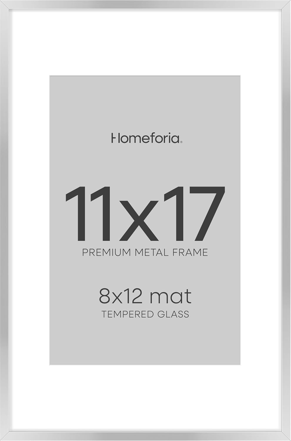 Homeforia 11 x 17 Frame Silver, High End Metal 11x17 Picture Frames with Mat 8x12 for Photo, 11 x 17 Silver Poster Frame Matted to 8 x 12 Print, 17x11 Hanging Frame, Tempered Glass, Wall Kit, Set of 1
