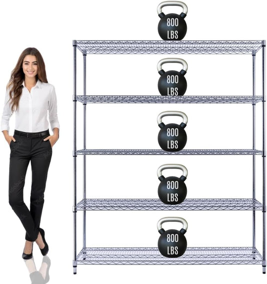 60"x18"x72" PRIME HEAVY DUTY Chrome 5-Tier Wire Shelving 4000 LBS MAX Capacity Storage Rack for Commercial, School, Home, Garage, Warehouse, Industrial, and Hospital Uses (with Wheels)