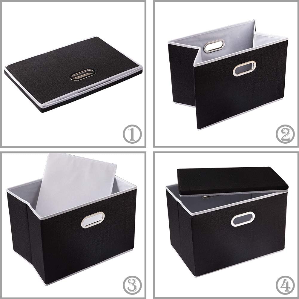 PRANDOM Foldable Storage Bin with Lid [5-Pack] Linen Fabric Decorative Storage Box Organizer Container Basket Cube with Handles Divider for Closet Office Living Room Black(14.9x9.8x9.8)