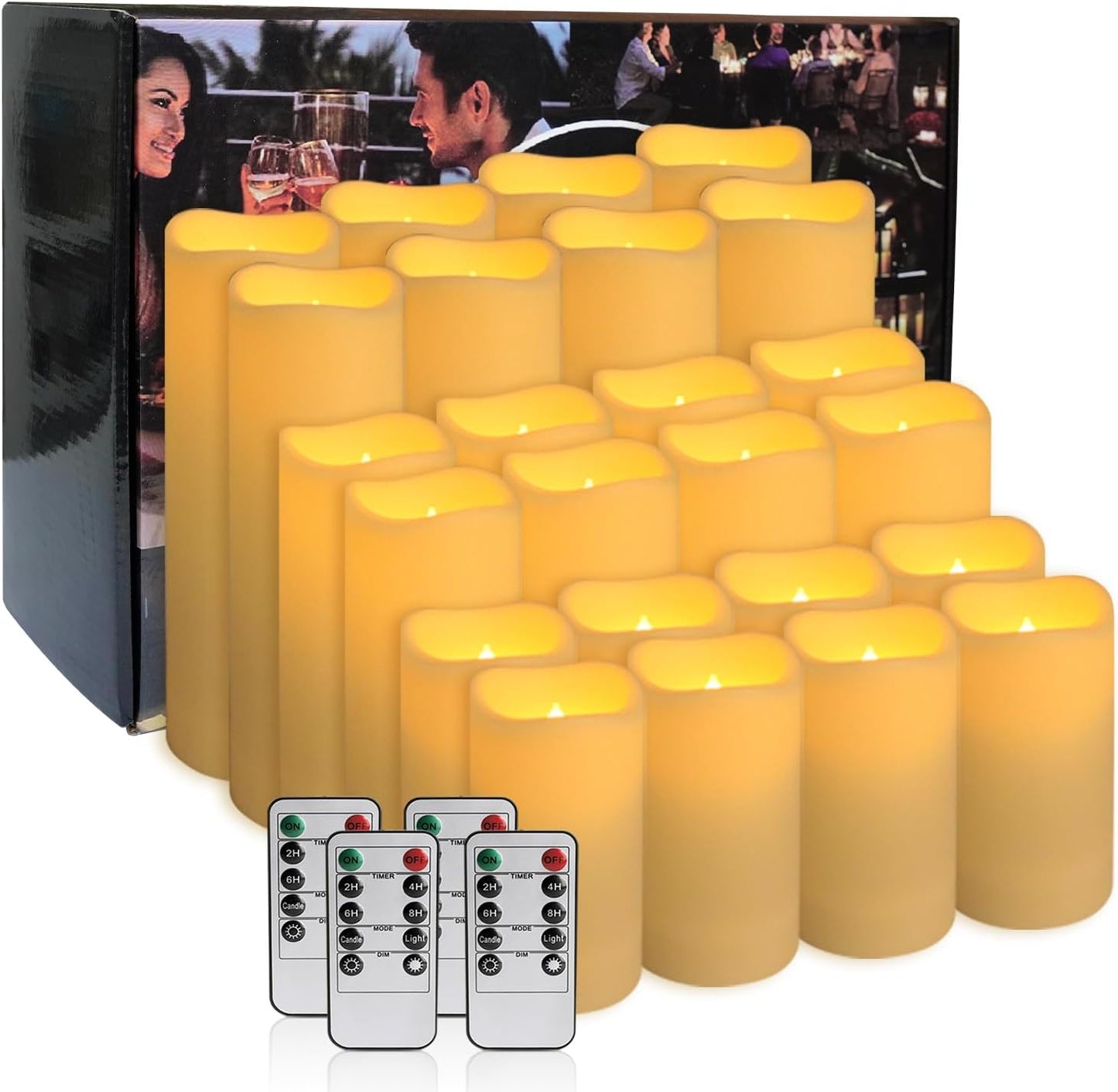 Set of 24 Waterproof Outdoor Flameless Candles,Realistic LED Candles with 4 Remote and Timer,(H 4" 5" 6" x D 2.2"),for Halloween Wedding Festival Decor.