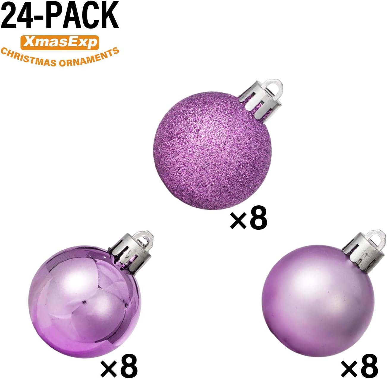 XmasExp 24ct Mini Christmas Ball Ornaments Shatterproof Christmas Ornaments Set Decorations for Xmas Tree Balls 30mm/1.18" (Light Purple)