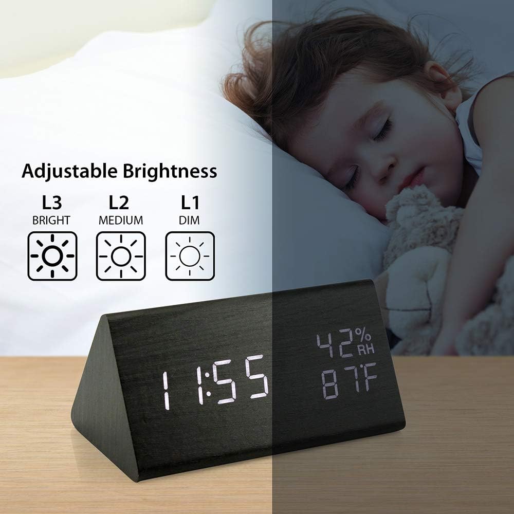 OCT17 Wooden Alarm Clock, Smart LED Digital Clock for Bedroom/desks, Upgraded with Time Temperature, Adjustable Brightness and Voice Control, Humidity Displaying - Black