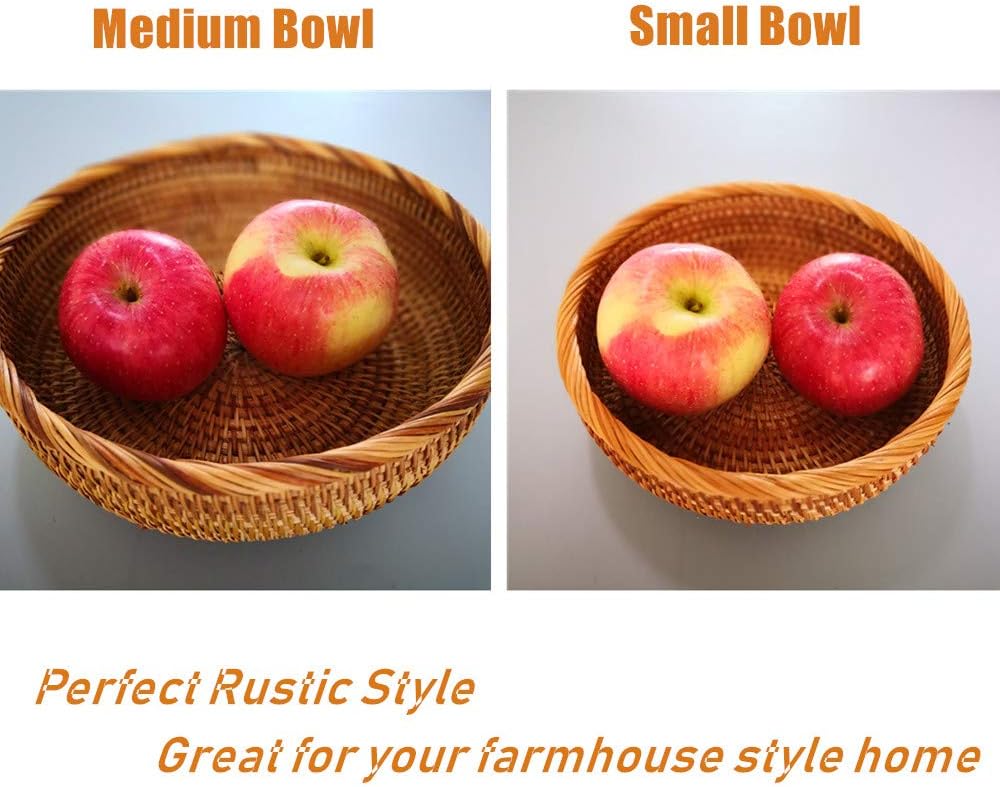 Set of 2 Round Rattan Bowl Baskets, 8 9 Inch Handmade Wicker Basket Tray with 3”Deep Wall, Decorative Woven Brown Bread Basket Fruit Bowl Table Key Holder, 2-Size