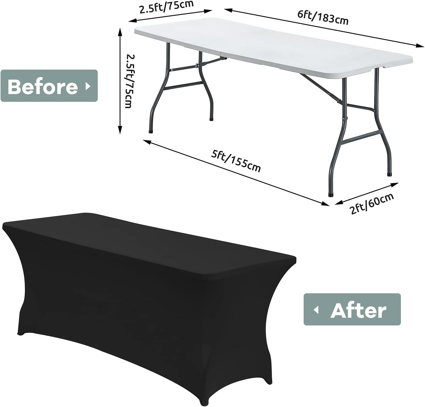 CWK 6FT 2Pcs Stretch Spandex Table Cover for Rectangular Tables - Elastic Fitted Tablecloth for Folding Tables, Wrinkle Resistant, Durable Table Protector for Parties,Weddings,Banquets &Events (Black)