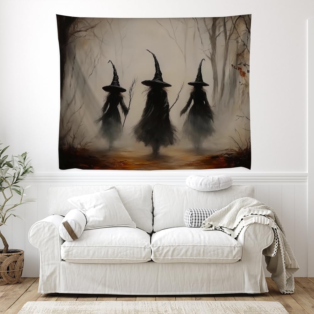 Witchy Halloween Tapestry Wall Hanging Vintage Spooky Witch Room Print Dark Academia Autumn Forest Three Witches Tapestries Decor for Halloween Living Room Bedroom Decoration 40x60inch