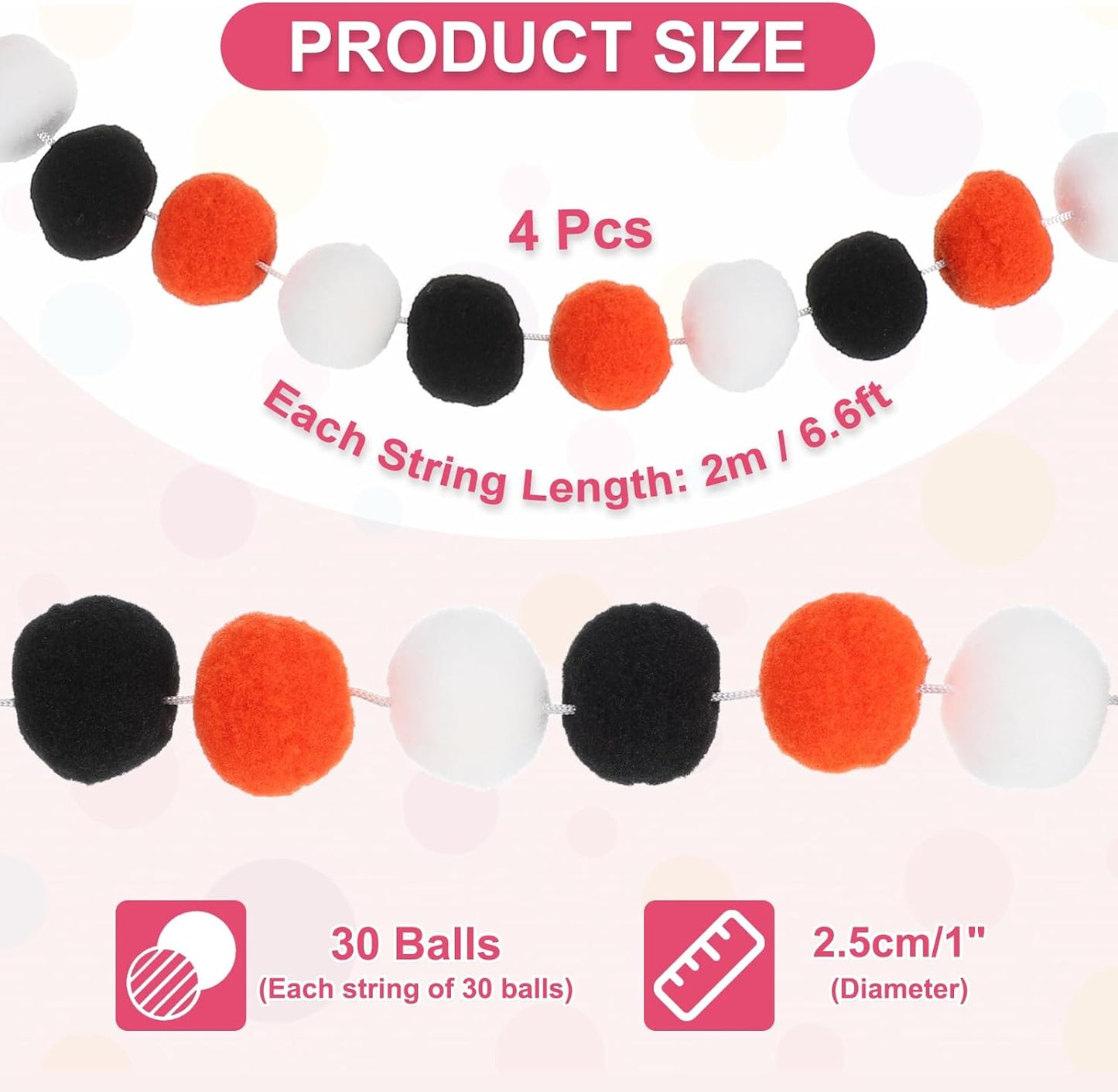 PATIKIL 26Ft Pom Pom Garland Decorations, 4Pcs Colorful Felt Ball Garland Banner Cute Rainbow Pompom Hanging Decorations for Tree Ornaments Homes Decor, Black/Orange/White