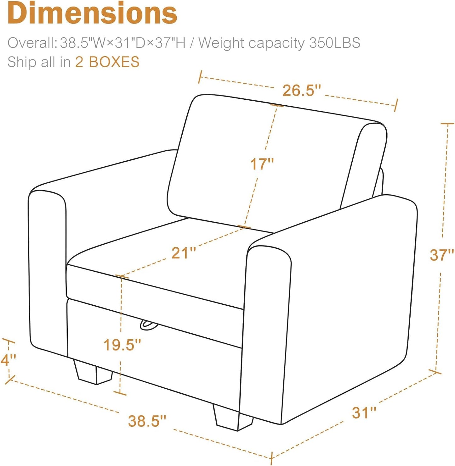 38.5 Oversized Accent Chair with Storage Beige, Single Modern Accent Sofa Chair with Arms for Apartment Living Room Linen(21" Deep Seat)