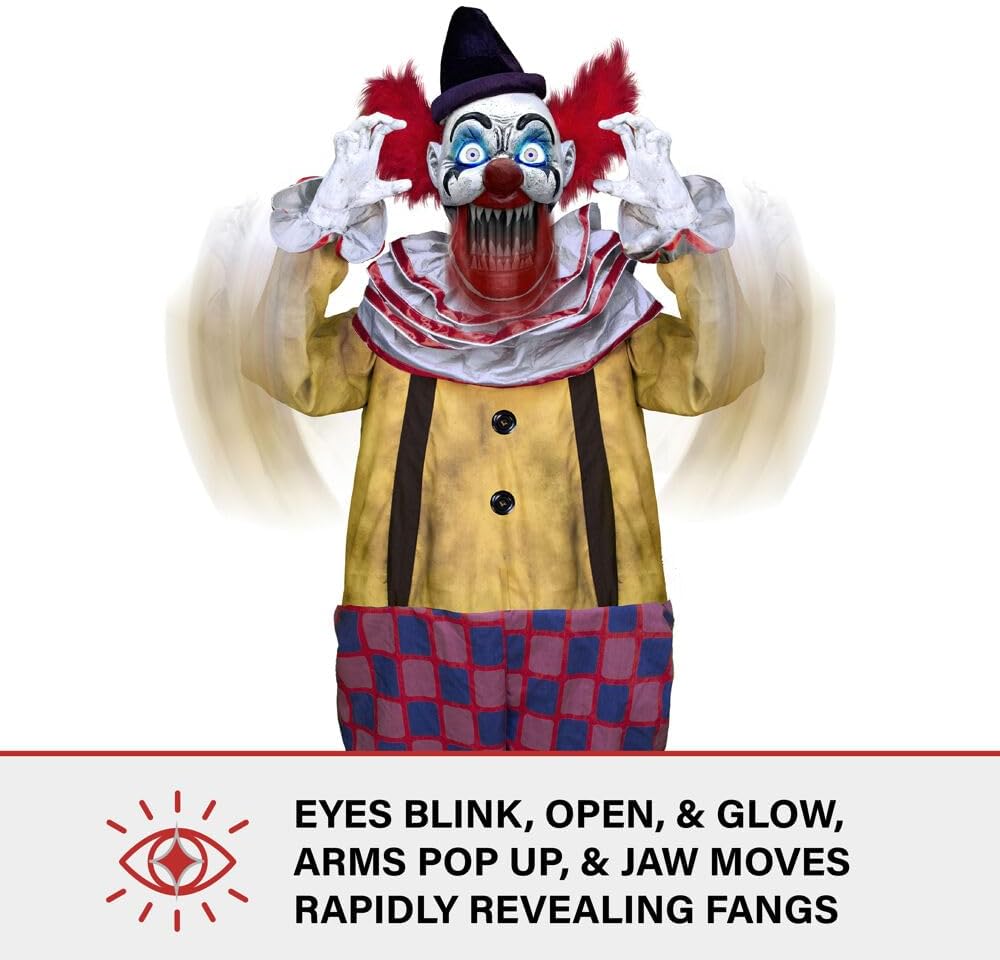 Haunted Hill Farm Motion-Activated Startling Arms Clown by Tekky, Talking Scare Prop Halloween Animatronic for Indoor or Covered Outdoor Creepy Halloween Decorations, Plug-in or Battery Operated