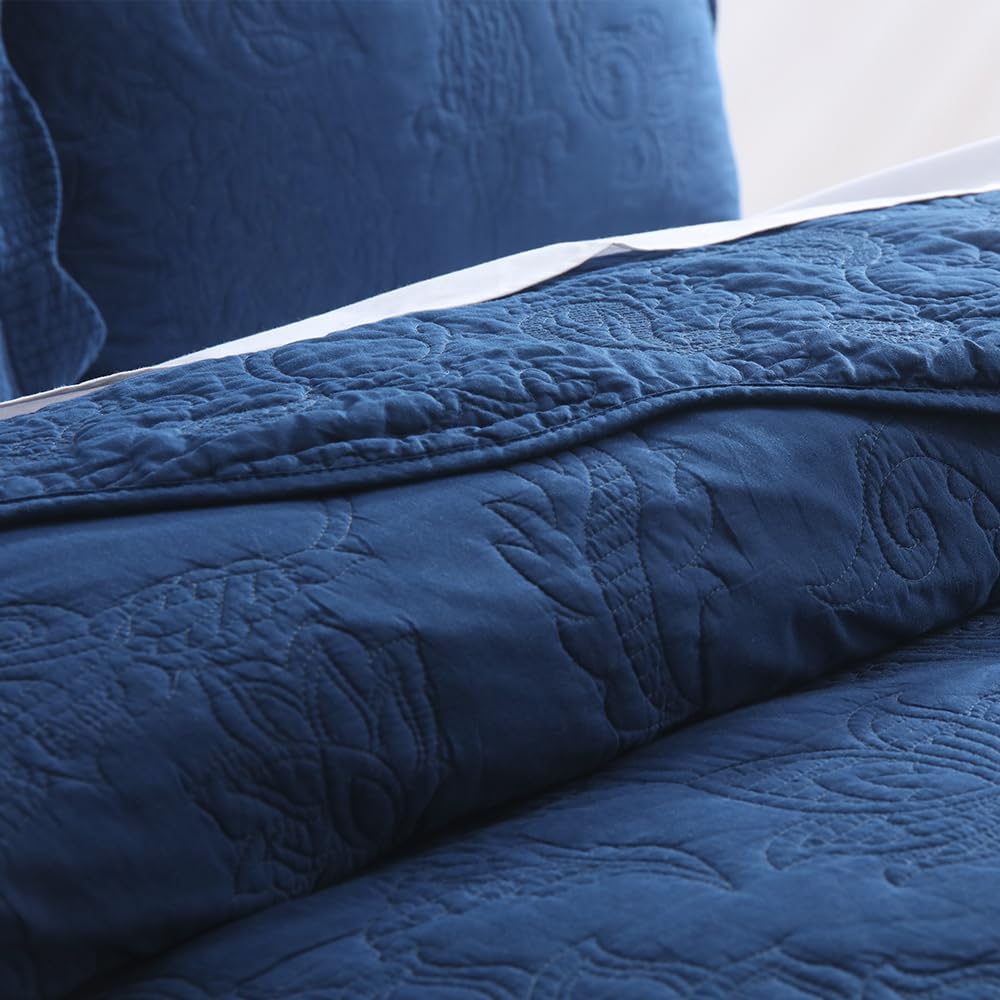 Cotton Bedspread Quilt Sets, Real Patchwork Bedding Sets with Luxury Floral Paisley Pattern, 3 Pieces Reversible Soft Lightweight Coverlet for All Season, Navy Blue, Queen Size