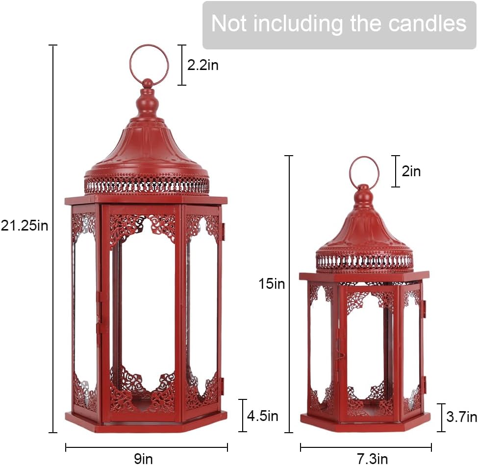 NEEDOMO Christmas Decorations Set of 2, 22''/15'' Christmas Lantern with Glass Panels for Home Decor, Decorative Hanging Lantern Indoor Outdoor for Xmas Table Centerpieces, Porch, Patio(Red)