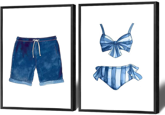 Liyark Set of 2 Retro Navy Blue And White Swimsuit Art Posters Beach Bathing Suit Prints Painting Beach House Wall Art Coastal Wall Decor Pictures For Bathroom Home Decoration 12x16in Framed