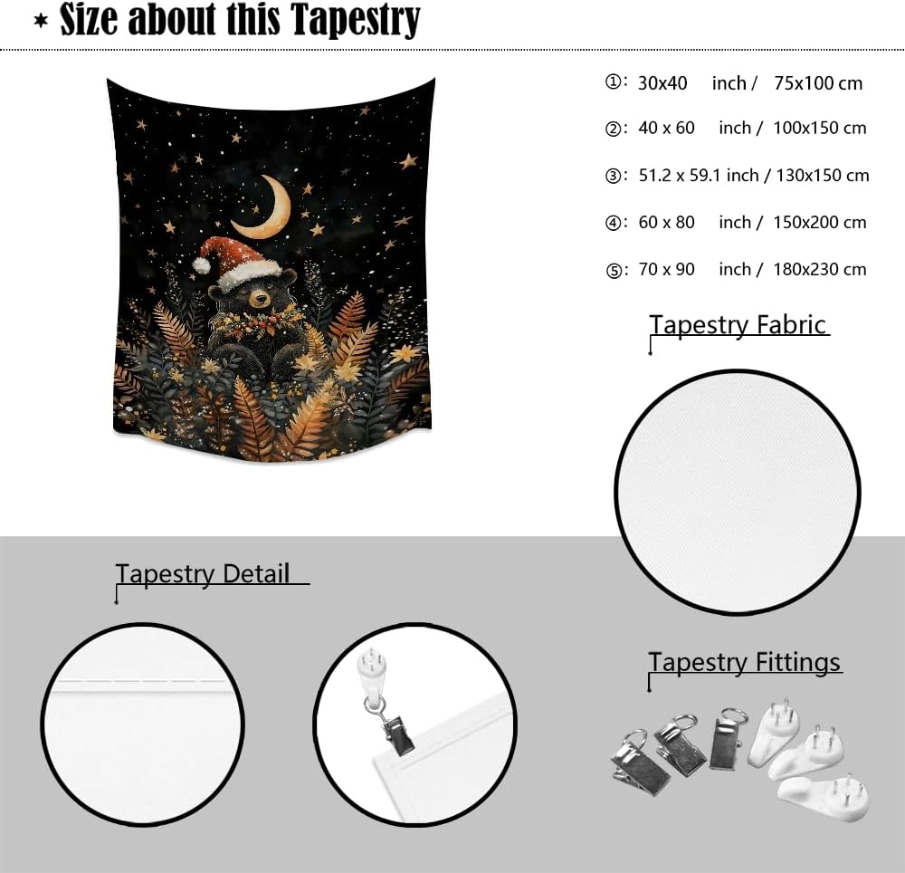 Whimsical Christmas Tapestry Moon Stars Dark Aesthetic Wall Hanging Decor Cute Bear Tapestries for Kids Room Decoration Funny Christmas wall art for Bedroom Dorm Living Room 60x80inch