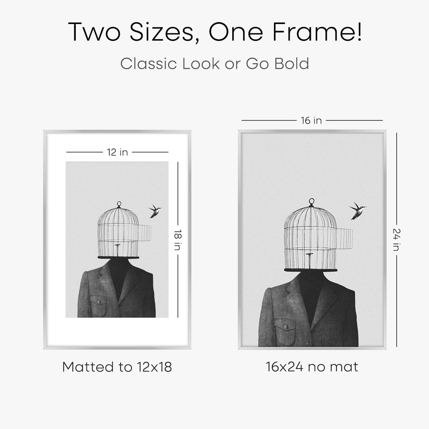Homeforia 16x24 Silver Picture Frames, High End Metal 16x24 Poster Frame with Mat 12x18 in Photo, 16 x 24 Silver Frame Matted to 12 by 18 Print, 24x16 Hanging Frame, Tempered Glass, Wall Kit, Set of 1