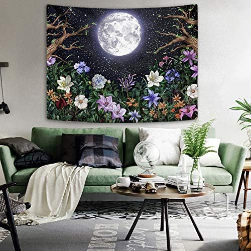 Neasow Aesthetic Moon Garden Tapestry Wall Hanging, Night Landscape with Colorful Plants Floral Tapestries for Bedroom Home Decor Multi Color 36×48 inch (90cm×120cm)
