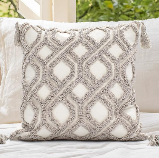 Boho Pillow Covers 18X18 Inch Boho Tufted Throw Pillow Covers Decorative Tassels Cushion Cover Farmhouse Pillow Case for Couch Sofa Bed Living Room Bedroom, Taupe