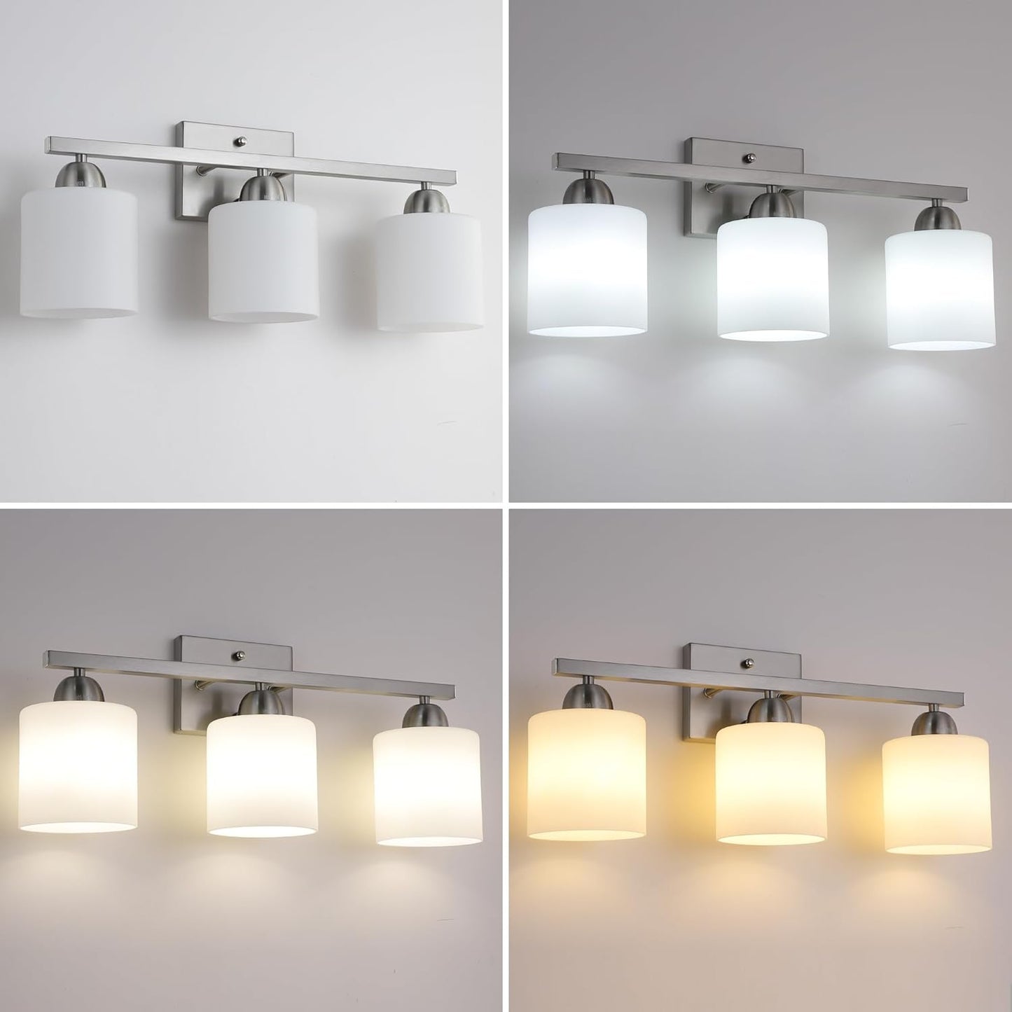 Stainless Steel Milk Glass Vanity Lights for Bathroom, 3 Light Brushed Nickel Bathroom Light Fixtures Over Mirror, Ceramic E26 Sockets Wall Mounted