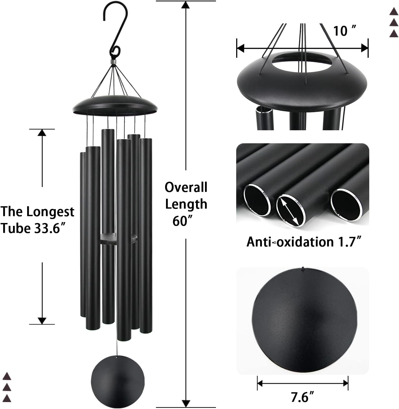 ASTARIN 60" Extra Large Wind Chimes Outside Metal WindChimes with Deep Tone, Outdoor Bass Windchimes for Patio Balcony Garden Yard Decoration,Black