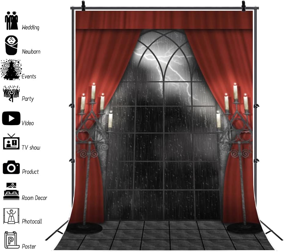 Renaiss 6x9ft Vintage Gothic Window Backdrop Red Curtain Candlestick Black Floor Lightning Stormy Sky Vampire Medieval Castle Photography Background Halloween Dress Up Party Decors Photo Booth Props