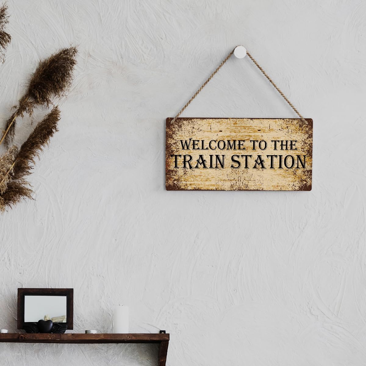 SENJIAN Rustic Train Station Wood Decor Sign, Retro Welcome to the Train Station Printed Wood Sign Wall Art, Hanging Door Sign, Decorative Wood Sign Home Decor 12" x 6"