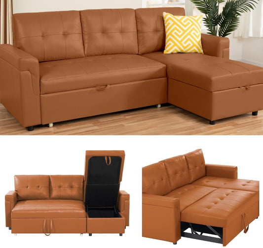 Naomi Home Transform Any Space: Sleeper Sectional Sofa with Convertible Sofa Bed & Inviting Chaise. Find Tranquil Comfort with Stress-Relieving Design & Durable Cushions - Caramel,Air Leather