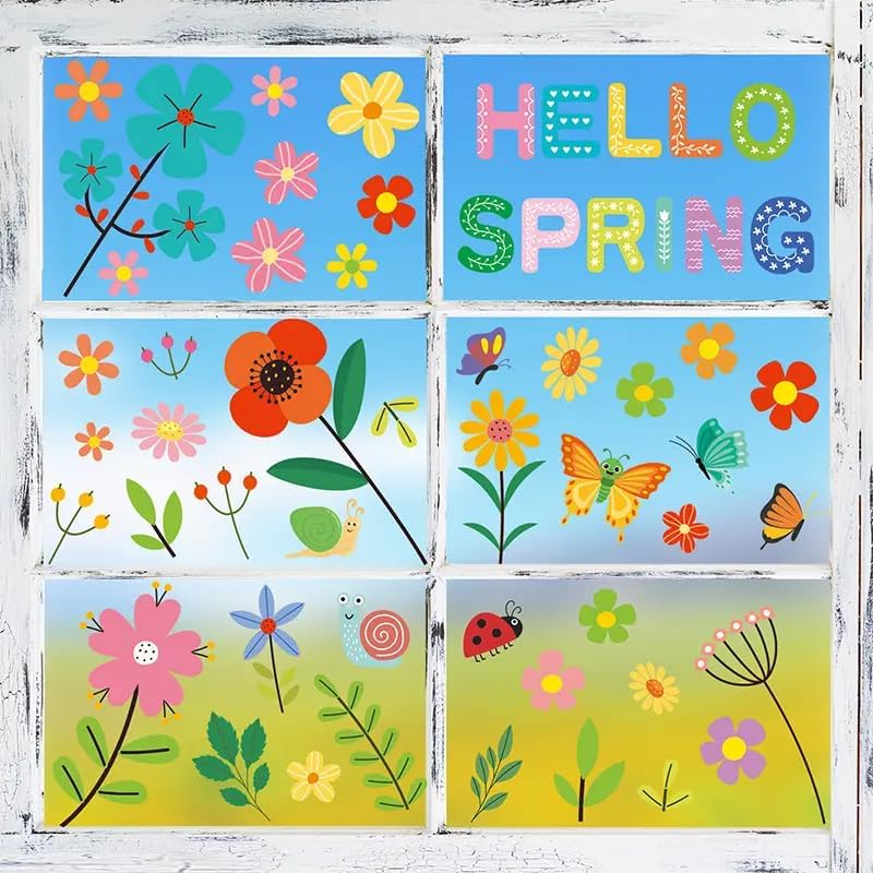 Set of 93 PCS Hello Spring Summer Window Cling Sticker Daisy, Sunflower, Birds, and Butterfly Window Stickers, Spring and Summer Decor, Home, Shop, Party Window Glass Display Stickers