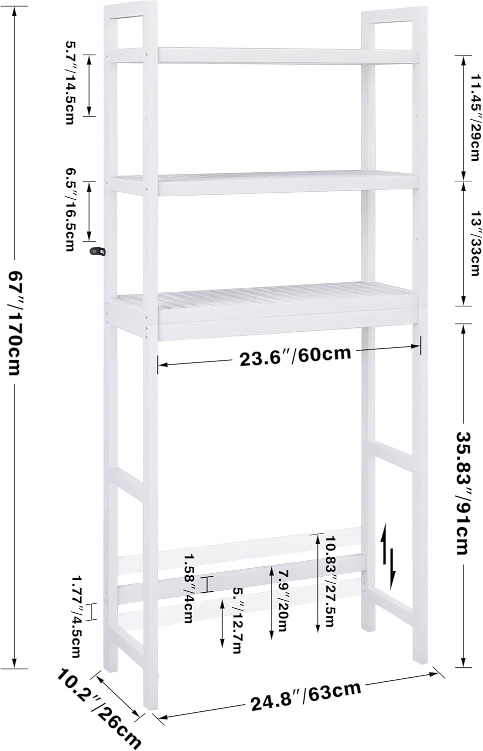 SMIBUY Bathroom Storage Shelf, Bamboo Over-The-Toilet Organizer Rack, Freestanding Toilet Space Saver with 3-Tier Adjustable Shelves (White)
