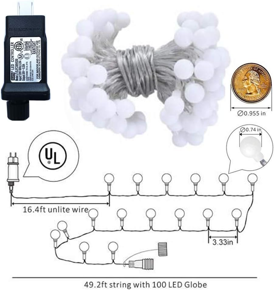 Globe String Lights for Bedroom, 49 Feet 100 LED Fairy Lights Plug in, 8 Modes Warm White Christmas String Lights for Indoor Outdoor Patio Party Garden Wedding Christmas Tree Decor