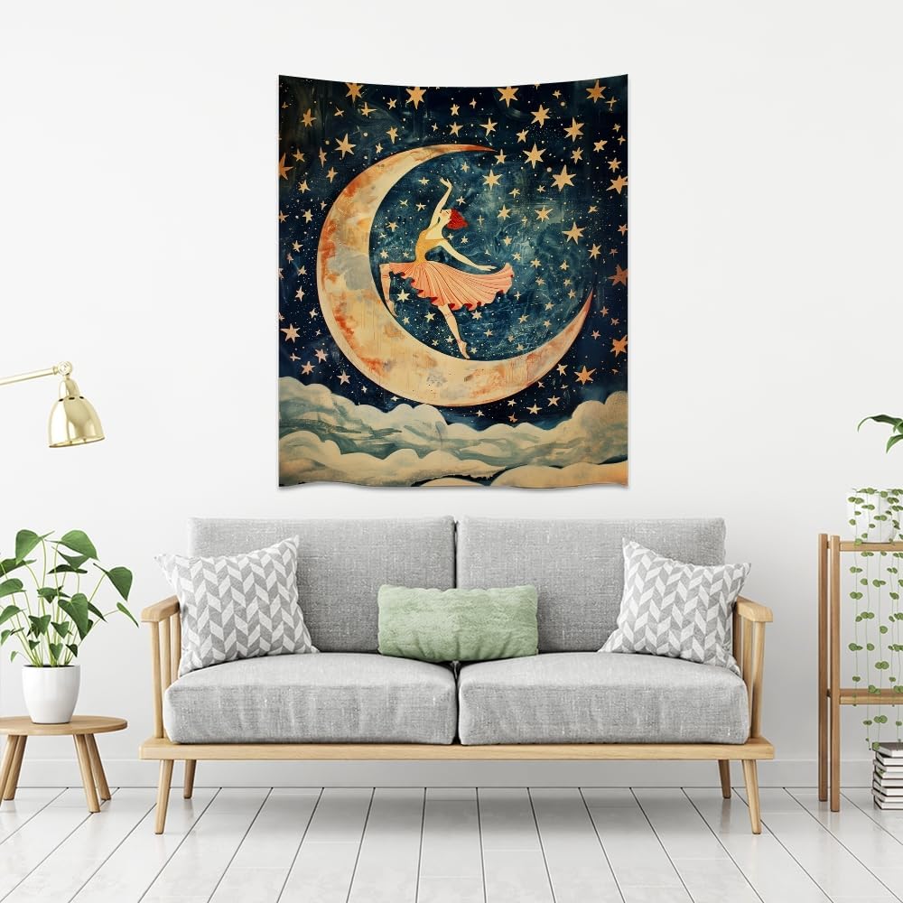 Dancer on the Moon Tapestry Starry Night Sky Art Print Dark Academia Gothic Aesthetic Wall Hanging Stars Moon Clouds Tapestries Whimsical Wall Decor for Nursery Bedroom 60x80inch