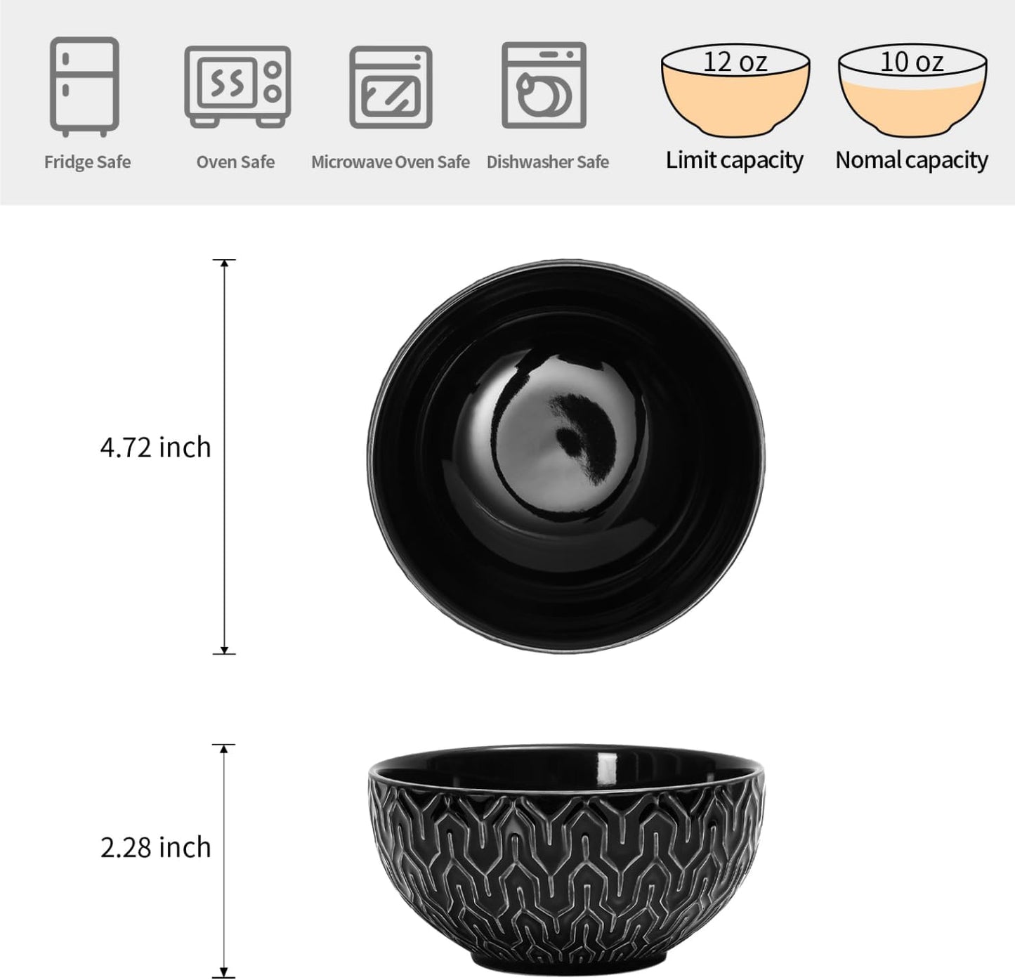 Sureasy Ceramic Ice Cream Bowls, 12oz Embossed Dessert Bowls Set, 4.6 Inch Stoneware Small Bowls for Snack, Sauce, Fruits, Microwave and Dishwasher Safe, Set of 4, Black